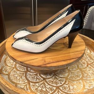 Bruno Magli NWT Size 9AA Black/White Peep-Toe Heels in original box.